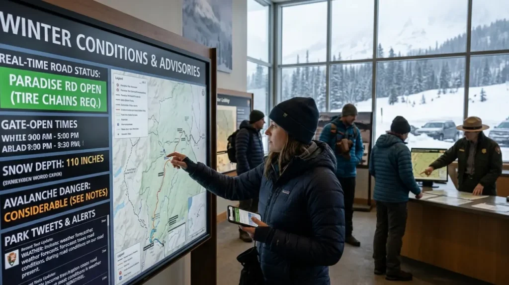 How can you stay informed about winter conditions before and during your visit?
