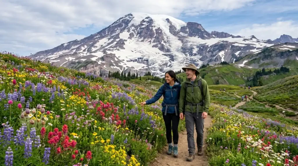What is the best time to see wildflowers at Mount Rainier?
